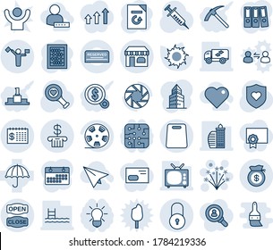 Blue tint and shade editable vector line icon set - dispatcher vector, shop, lock, firework, abacus, document reload, sun, syringe, heart diagnostic, shield, umbrella, reel, mobile camera, bank, tv