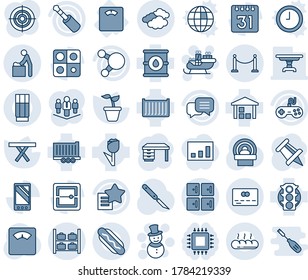 Blue tint and shade editable vector line icon set - fence vector, baby room, clouds, luggage storage, checkroom, credit card, snowman, santa sleigh, desk, drawing pin, seedling, picnic table, scales