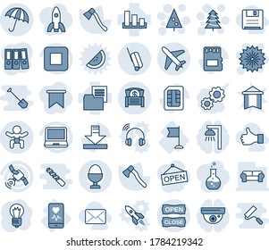 Blue tint and shade editable vector line icon set - plane vector, umbrella, suitcase, baby, christmas tree, firework, bulb, axe, mobile heart monitor, flag, folder document, sorting, satellite, sd