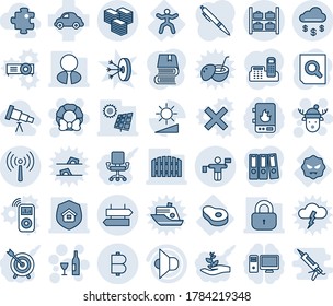 Blue tint and shade editable vector line icon set - antenna vector, signpost, luggage storage, traffic controller, christmas wreath, wine, deer hat, document search, meat, gymnastics, virus, speaker