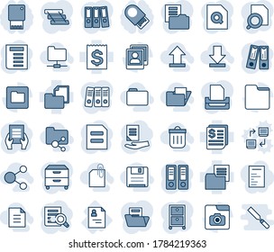 Blue tint and shade editable vector line icon set - office binder vector, document search, patient card, receipt, folder, photo gallery, paper, tray, archive box, download, uplooad, share, network