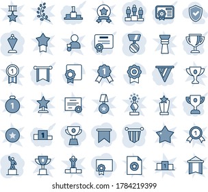 Blue tint and shade editable vector line icon set - pedestal vector, pennant, medal, sertificate, shield check, pennon, certificate, award cup, flag, golden branch, winner, win, gold, star