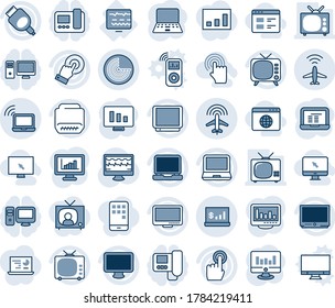 Blue tint and shade editable vector line icon set - plane radar vector, wireless notebook, pc, statistic monitor, pulse, diagnostic, tv, touch screen, laptop, hdmi, account statistics, hand cursor