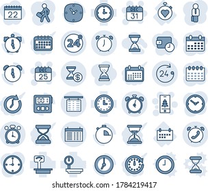 Blue tint and shade editable vector line icon set - 24 around vector, alarm clock, flight table, hours, phone, schedule, 25 dec calendar, 31, christmas mobile, stopwatch heart, heavy scales, manager
