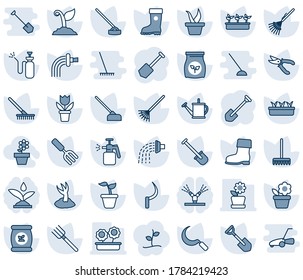 Blue tint and shade editable vector line icon set - job vector, flower in pot, garden fork, shovel, farm, rake, seedling, watering can, sproute, pruner, boot, hoe, sickle, sprayer, fertilizer