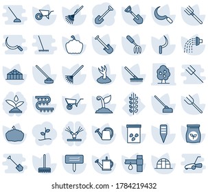 Blue tint and shade editable vector line icon set - job vector, garden fork, shovel, farm, rake, watering can, wheelbarrow, sproute, hoe, sickle, plant label, pumpkin, greenhouse, seeds, fertilizer