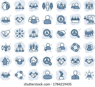 Blue tint and shade editable vector line icon set - handshake vector, hierarchy, pedestal, team, patient, basketball ball, group, user, company, hr, meeting, client search, social, friends, consumer