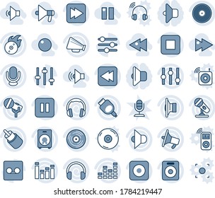 Tinta azul y sombra editable conjunto de iconos de línea vectorial - vector vinilo, disco de llama, micrófono, altavoz, altavoz, configuración, ecualizador, auriculares, botón de pausa, parada, avance rápido, rebobinado, rec, rca