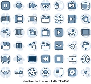 Blue tint and shade editable vector line icon set - ticket office vector, clapboard, film frame, reel, tv, gamepad, video camera, play button, pause, stop, rewind, rec, hdmi, record, fast forward