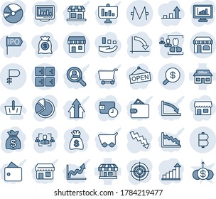 Blue tint and shade editable vector line icon set - shop vector, checkroom, duty free, growth statistic, money bag, crisis graph, store, bitcoin, ruble, monero, search, monitor statistics, pie, hr