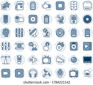 Blue tint and shade editable vector line icon set - tv vector, brainstorm, satellite antenna, film frame, vinyl, archive chest, flame disk, microphone, loudspeaker, settings, video camera, speaker