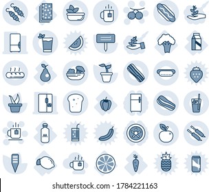Blue tint and shade editable vector line icon set - tea vector, rowanberry, seedling, plant label, lemon, carrot, slice, sweet pepper, pear, broccoli, milk, breads, fridge, phyto bar, salad, bacon