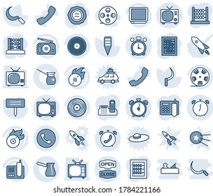 Blue tint and shade editable vector line icon set - alarm clock vector, phone, tv, abacus, stamp, sickle, plant label, reel, vinyl, flame disk, radio, call, office, open close, turkish coffee