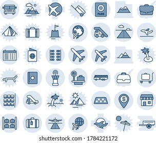 Blue tint and shade editable vector line icon set - plane vector, runway, taxi, baggage trolley, airport bus, passport, ladder car, seat map, luggage storage, scales, globe, tower, departure, seats