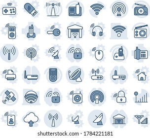 Blue tint and shade editable vector line icon set - antenna vector, satellite, office phone, radio, remote control, wireless, cellular signal, upload cloud, lock, router, garage gate, mouse, printer