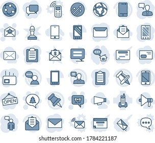 Blue tint and shade editable vector line icon set - star letter vector, bow message, merry christmas, mobile phone, speaking man, mail, office, network, cell, speaker, paper pin, clipboard, opened