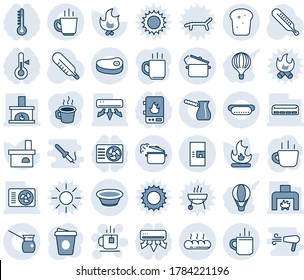 Blue tint and shade editable vector line icon set - hot cup vector, coffee machine, tea, fire, fireplace, thermometer, air conditioner, bread, steak, dog, bowl, steaming pan, turkish, water heater
