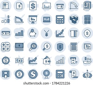 Blue tint and shade editable vector line icon set - calculator vector, crisis graph, statistics, receipt, yen, big cash, safe, atm, money search, account statement, report, piggy bank, history, bar