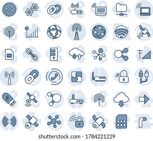 Blue tint and shade editable vector line icon set - wireless notebook vector, antenna, satellite, network, share, chain, rca, sim, cellular signal, gear, right arrow, folder, download cloud, link