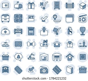Blue tint and shade editable vector line icon set - checkroom vector, travolator, gift, bow, merry christmas message, sleigh, doctor case, pills blister, milk, container, fragile, cargo, no trolley