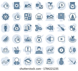 Blue tint and shade editable vector line icon set - left arrow vector, tea, snowball tree, manager, contract, seedling, greenhouse, pond, fertilizer, tonometer, three leafs, important flag, bag, hot