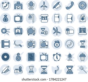 Blue tint and shade editable vector line icon set - tv vector, phone alarm, abacus, well, sickle, film frame, vinyl, video camera, microphone, call, money bag, account history, office, fireplace