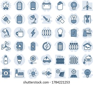 Blue tint and shade editable vector line icon set - hot cup vector, bulb, factory, pull ups, milk, oil barrel, battery, low, torch, brightness, charge, desk lamp, sun panel, windmill, heater, water