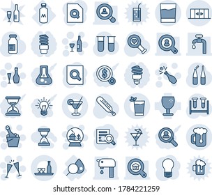 Tinta azul y sombra editable conjunto de iconos de línea vector - puerta automática vectorial, vino, gafas, champán, casa de bola de nieve, búsqueda de documentos, bombilla, vial de análisis de sangre, termómetro, diagnóstico cardíaco, ampolla
