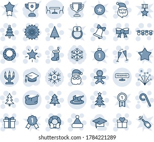 Blue tint and shade editable vector line icon set - cafe vector, christmas tree, firework, gift, santa claus, sock, garland, star, bell, bow, cake man, lollipop, hat, wreath, wine glasses, graduate