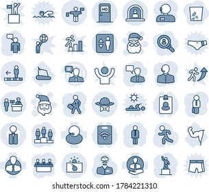 Blue tint and shade editable vector line icon set - passport control vector, elevator, reception, medical room, traffic controller, travolator, terrorism, santa claus, manager, speaking man, run