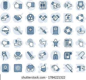 Blue tint and shade editable vector line icon set - passport vector, medical room, christmas glove, handshake, document, farm fork, saw, heart hand, power, care, client, finger up, down, investment