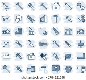 Blue tint and shade editable vector line icon set - airport building vector, office, shovel, wheelbarrow, saw, house, hospital, with garage, tree, sweet home, crane, message, work, brick wall, mason