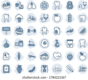 Blue tint and shade editable vector line icon set - plant label vector, seeds, heart pulse, stethoscope, barbell, bike, lungs, tooth, caries, clipboard, diet, hospital, patient card, list, tonometer