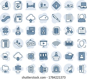 Blue tint and shade editable vector line icon set - escalator vector, reception, satellite antenna, up, notebook connect, identity card, document, reload, signpost, office phone, barcode, radio, sim