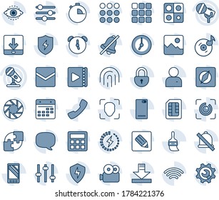 Blue tint and shade editable vector line icon set - microphone vector, mobile, phone back, call, menu, message, camera, gallery, protect, tuning, themes, user, calculator, clock, alarm, stopwatch