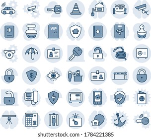 Blue tint and shade editable vector line icon set - bomb in case vector, identity, safe, lock, barrier, passport control, metal detector gate, insurance, road cone, hose, shield, protect, eye id