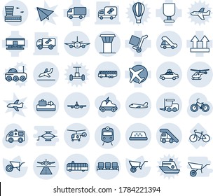 Blue tint and shade editable vector line icon set - airport tower vector, runway, baggage conveyor, bus, train, alarm car, fork loader, ladder, plane, helicopter, taxi, arrival, waiting area, bike