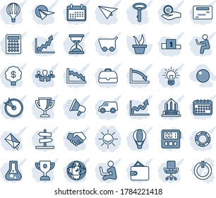 Tinta azul y sombra editable conjunto de iconos de línea vector - vector de plántula, cronómetro, registro, alarma, objetivo, grupo, apretón de manos, billetera, tierra, gráfico de crecimiento, crisis, silla de oficina, inversión, idea, carrito