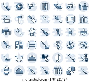 Blue tint and shade editable vector line icon set - safe vector, passport control, metal detector gate, trowel, farm fork, rake, wheelbarrow, saw, hoe, garden knife, cargo container, oil barrel, nut