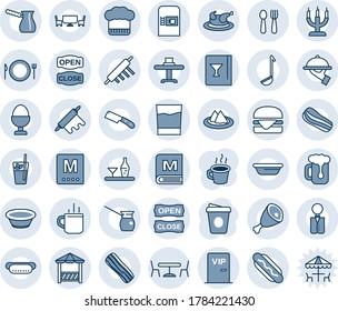 Blue tint and shade editable vector line icon set - hot cup vector, coffee machine, spoon and fork, plate, cafe, waiter, alcohol, restaurant table, serviette, cook hat, wine card, menu, drink, beer