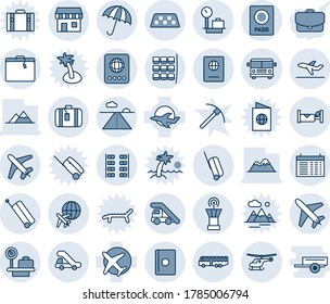 Blue tint and shade editable vector line icon set - plane vector, taxi, suitcase, airport bus, umbrella, passport, ladder car, helicopter, seat map, luggage scales, tower, runway, departure, hotel