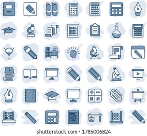 Blue tint and shade editable vector line icon set - contract vector, book, calculator, graduate, abacus, desk, notepad, presentation board, pencil, microscope, lab, bladder, notes, copybook, ink pen