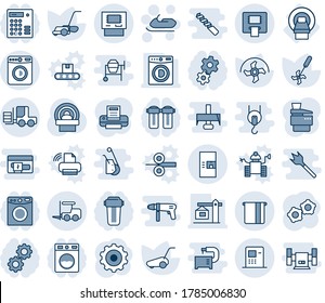 Blue tint and shade editable vector line icon set - washer vector, fork loader, coffee machine, snowmobile, gear, ripper, lawn mower, tomography, mri, atm, printer, copier, crane, water filter, tool