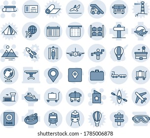 Blue tint and shade editable vector line icon set - baggage trolley vector, airport bus, train, passport, globe, ladder car, flight table, luggage storage, building, plane, traffic controller, truck