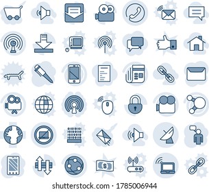 Blue tint and shade editable vector line icon set - no laptop vector, wireless notebook, satellite antenna, phone, mobile, speaking man, pen, earth, news, video camera, network, cell, share, mail