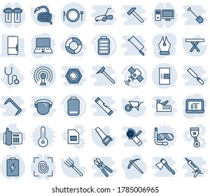 Blue tint and shade editable vector line icon set - plate spoon fork vector, coffee machine, notebook pc, farm, wheelbarrow, saw, hose, picnic table, stethoscope, office phone, antenna, satellite