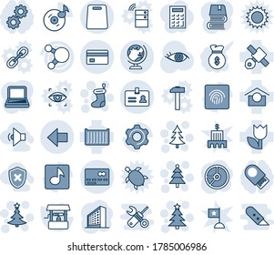 Blue tint and shade editable vector line icon set - credit card vector, identity, globe, left arrow, christmas tree, sock, office building, circle chart, well, eye, satellite, cargo container, tulip