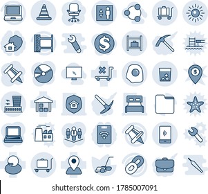 Blue tint and shade editable vector line icon set - baggage trolley vector, airport building, elevator, trash, road cone, sun, room, office chair, drawing pin, lawn mower, navigation, support, no