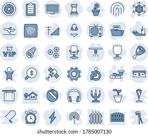 Blue tint and shade editable vector line icon set - alarm clock vector, flight table, departure, tv, vip, snowflake, sleigh, office chair, seedling, disabled, sea shipping, fragile, shield, monitor