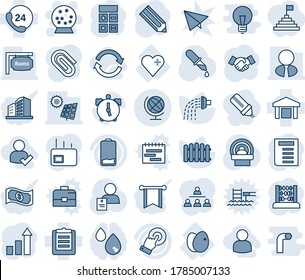 Blue tint and shade editable vector line icon set - globe vector, snowball, handshake, growth statistic, calculator, abacus, document, pencil, fence, watering, dropper, tomography, patient, heart